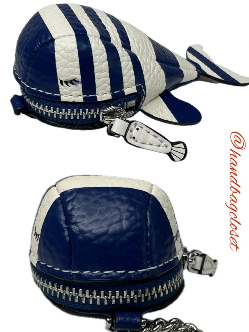 Kate Spade Navy & White Striped Whale Shore Leather Coin Purse Keychain Fob